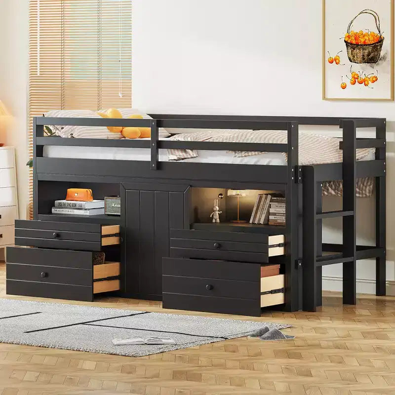 Whisen 81.8L x 40.8W Modern Design Twin Size Loft Bed with 4 Drawers, Underneath Cabinet and Shelves