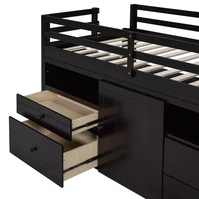 Lit mezzanine double de design moderne avec 4 tiroirs, armoire basse et étagères