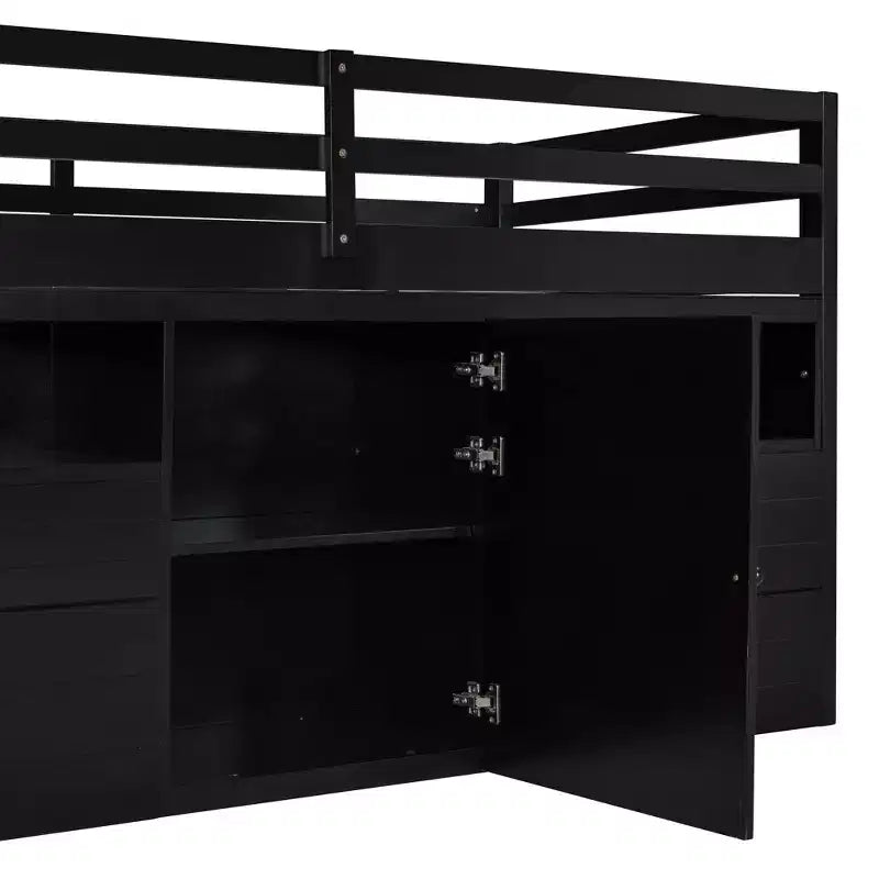 Lit mezzanine double de design moderne avec 4 tiroirs, armoire basse et étagères