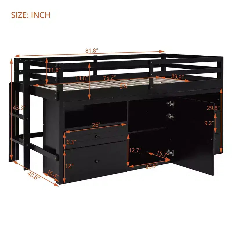 Lit mezzanine double de design moderne avec 4 tiroirs, armoire basse et étagères