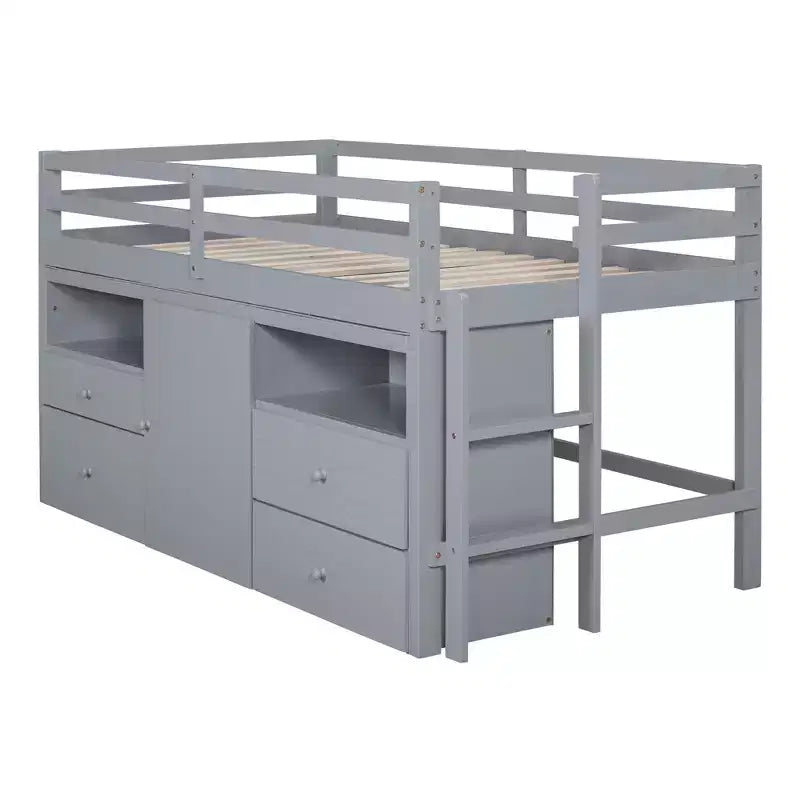 Lit mezzanine double de design moderne avec 4 tiroirs, armoire basse et étagères