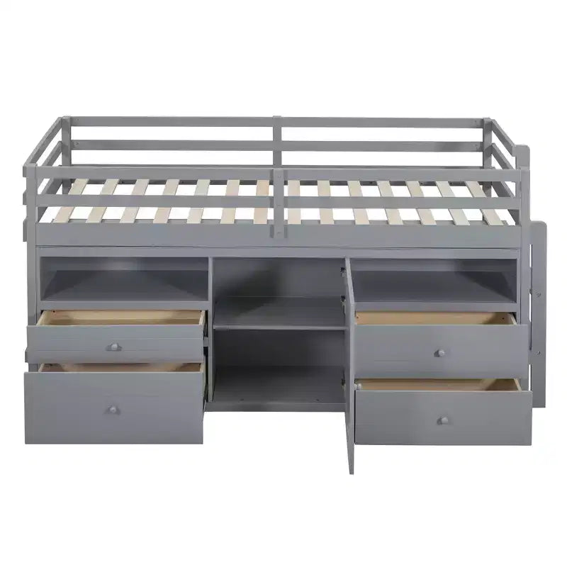 Lit mezzanine double de design moderne avec 4 tiroirs, armoire basse et étagères