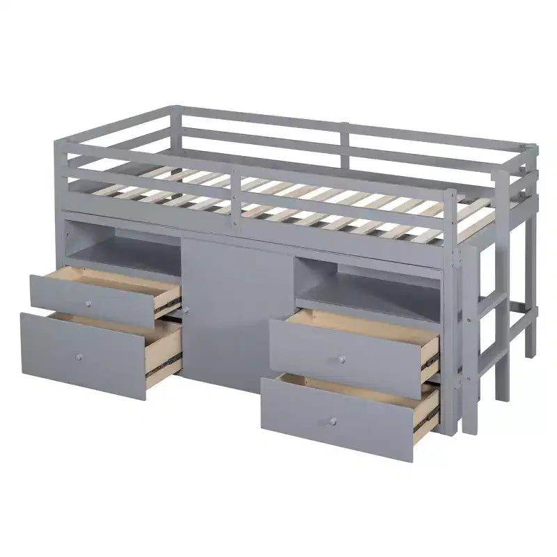 Lit mezzanine double de design moderne avec 4 tiroirs, armoire basse et étagères