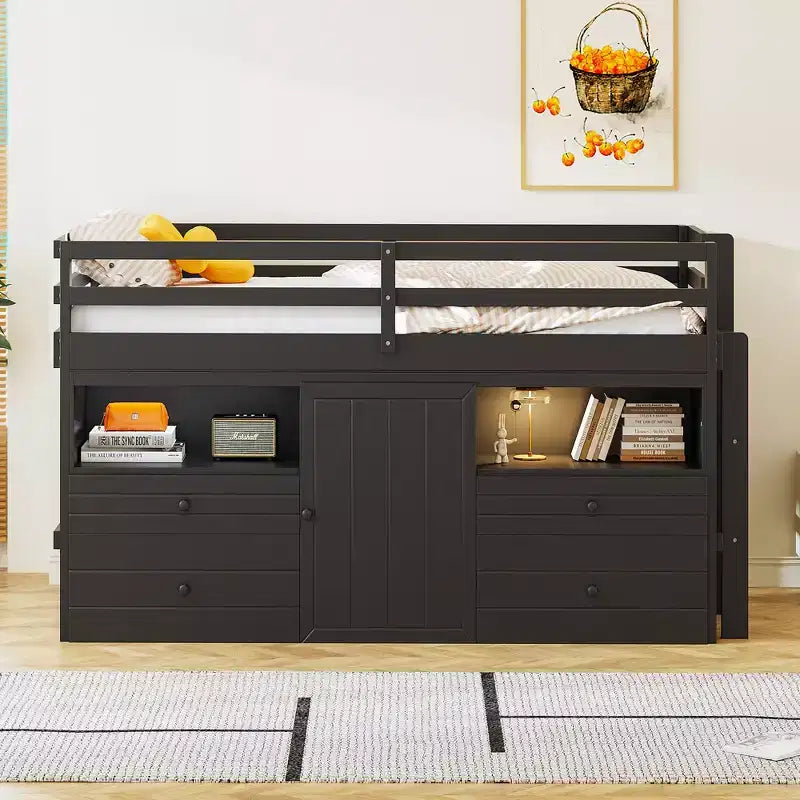 Lit mezzanine double de design moderne avec 4 tiroirs, armoire basse et étagères