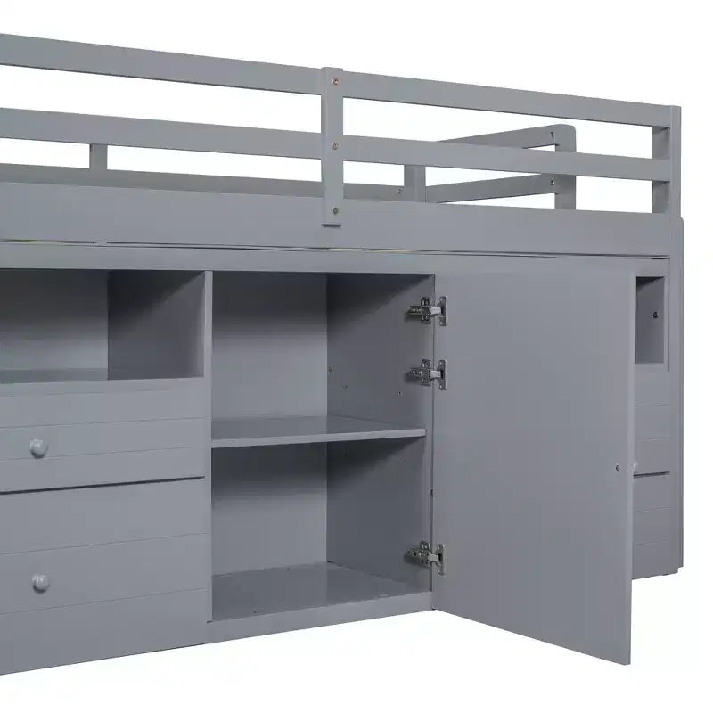 Lit mezzanine double de design moderne avec 4 tiroirs, armoire basse et étagères