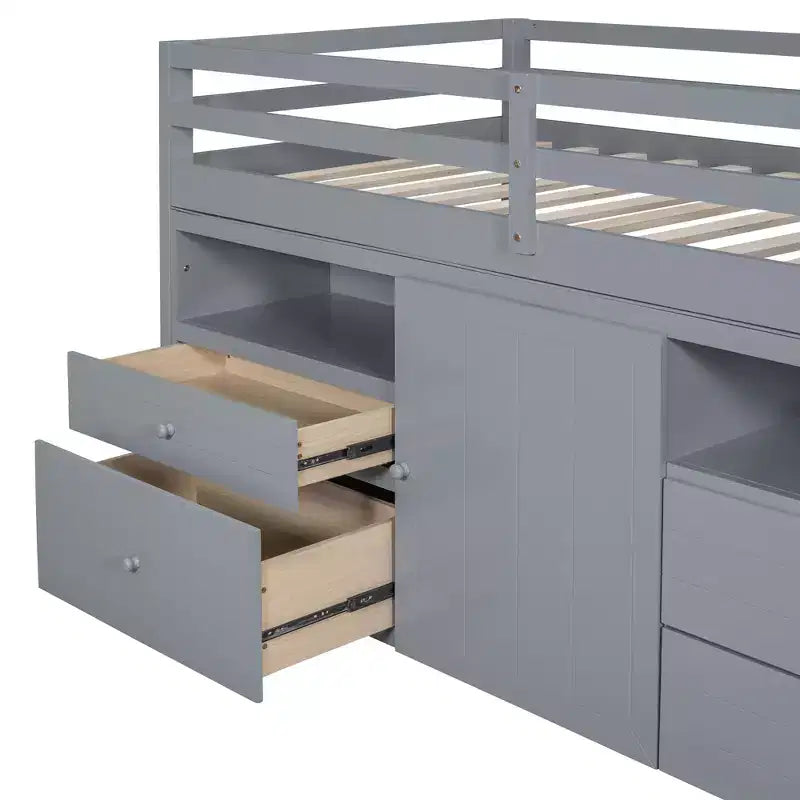 Lit mezzanine double de design moderne avec 4 tiroirs, armoire basse et étagères