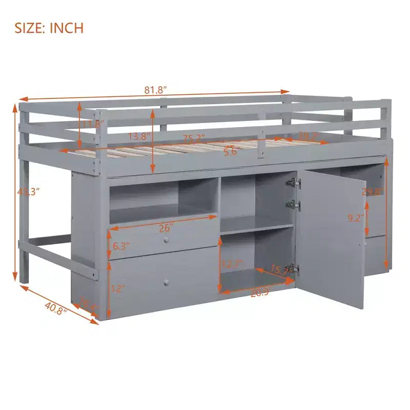 Lit mezzanine double de design moderne avec 4 tiroirs, armoire basse et étagères