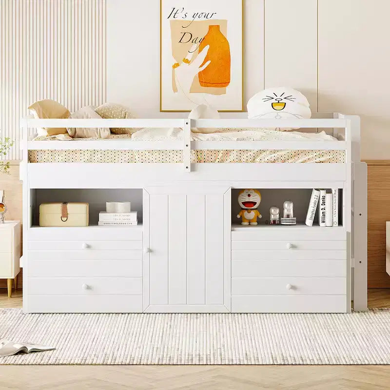Lit mezzanine double de design moderne avec 4 tiroirs, armoire basse et étagères