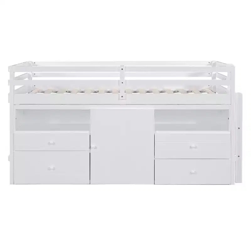 Lit mezzanine double de design moderne avec 4 tiroirs, armoire basse et étagères