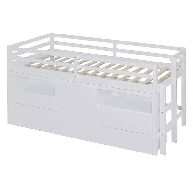Lit mezzanine double de design moderne avec 4 tiroirs, armoire basse et étagères