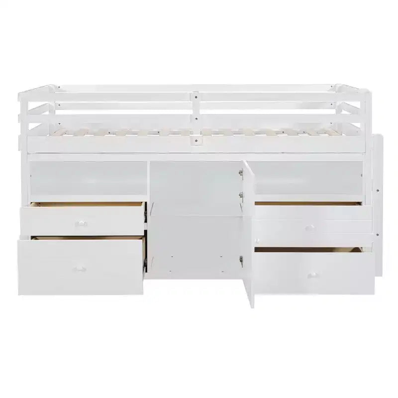Lit mezzanine double de design moderne avec 4 tiroirs, armoire basse et étagères