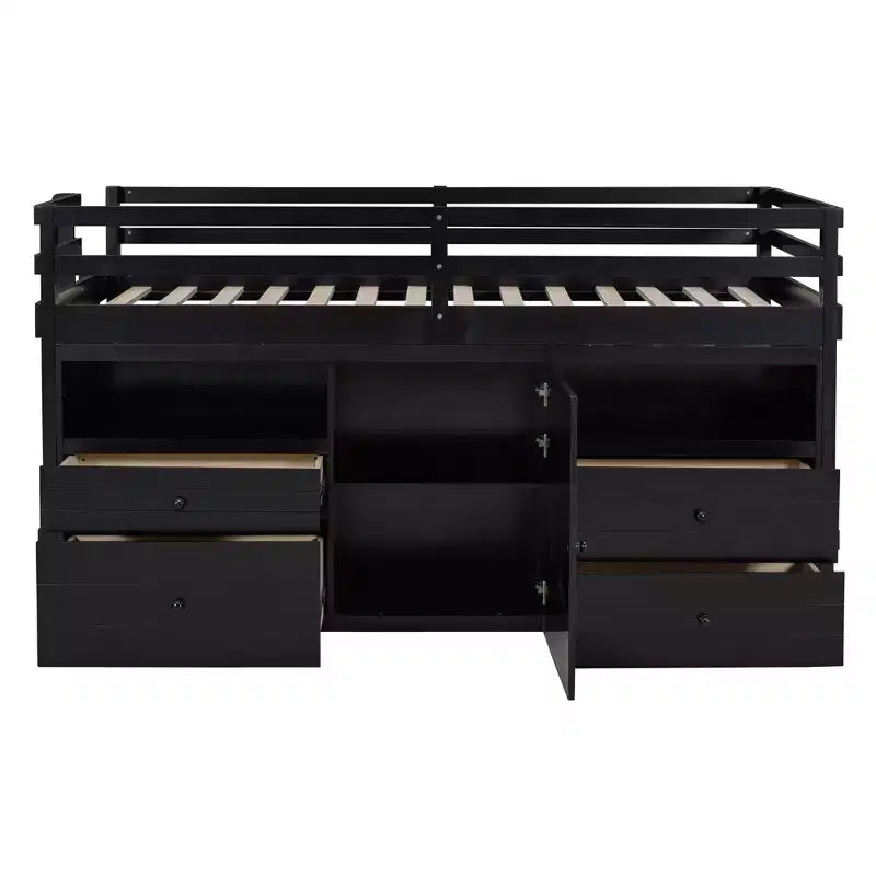 Lit mezzanine double de design moderne avec 4 tiroirs, armoire basse et étagères