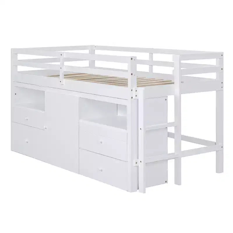 Lit mezzanine double de design moderne avec 4 tiroirs, armoire basse et étagères