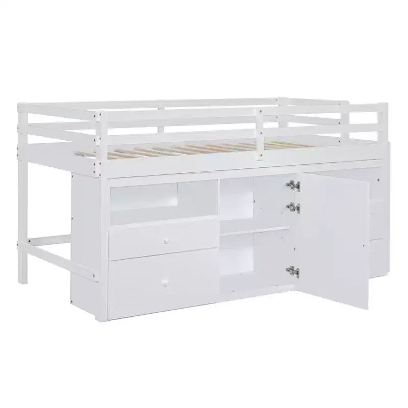 Lit mezzanine double de design moderne avec 4 tiroirs, armoire basse et étagères