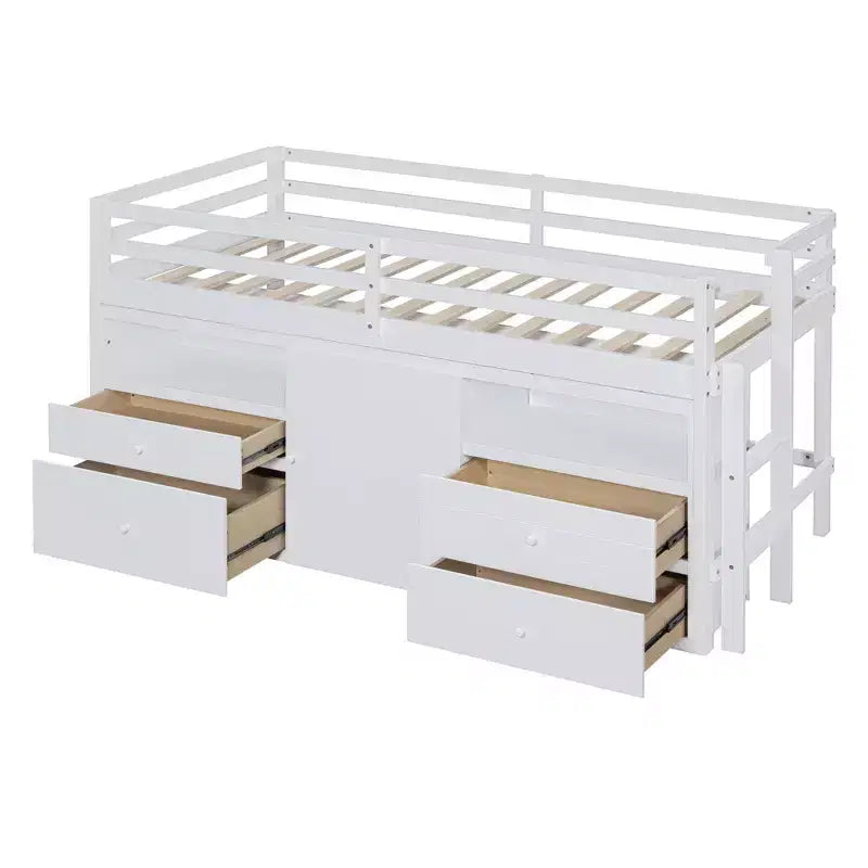 Lit mezzanine double de design moderne avec 4 tiroirs, armoire basse et étagères