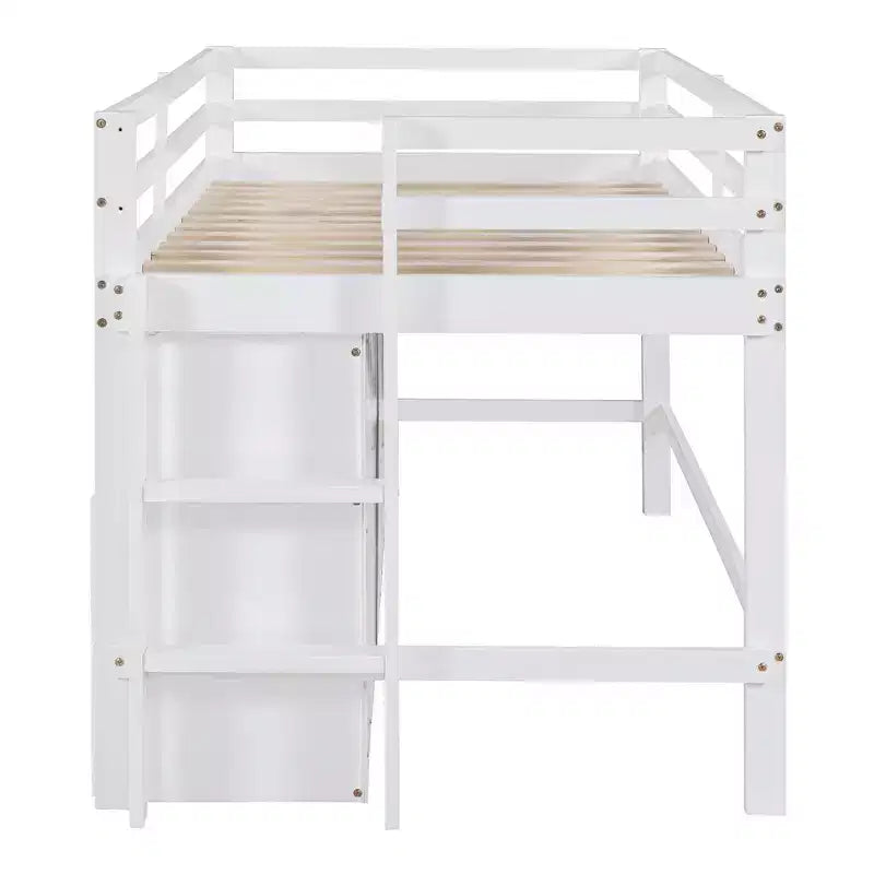 Lit mezzanine double de design moderne avec 4 tiroirs, armoire basse et étagères