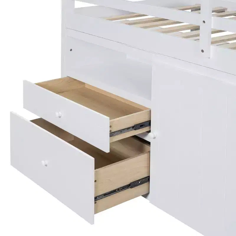 Lit mezzanine double de design moderne avec 4 tiroirs, armoire basse et étagères