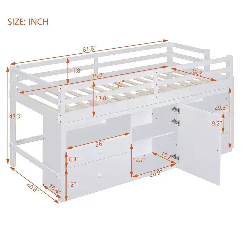 Lit mezzanine double de design moderne avec 4 tiroirs, armoire basse et étagères