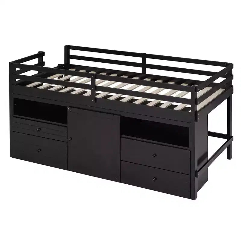 Lit mezzanine double de design moderne avec 4 tiroirs, armoire basse et étagères