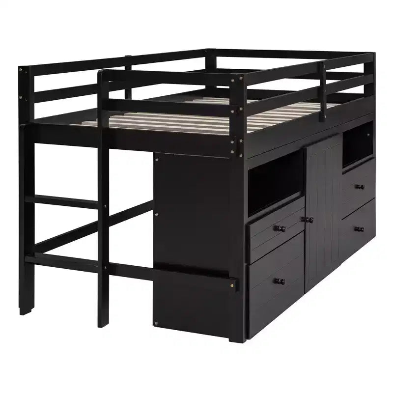 Lit mezzanine double de design moderne avec 4 tiroirs, armoire basse et étagères