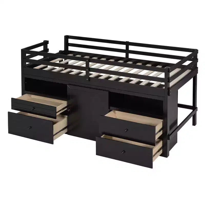 Lit mezzanine double de design moderne avec 4 tiroirs, armoire basse et étagères