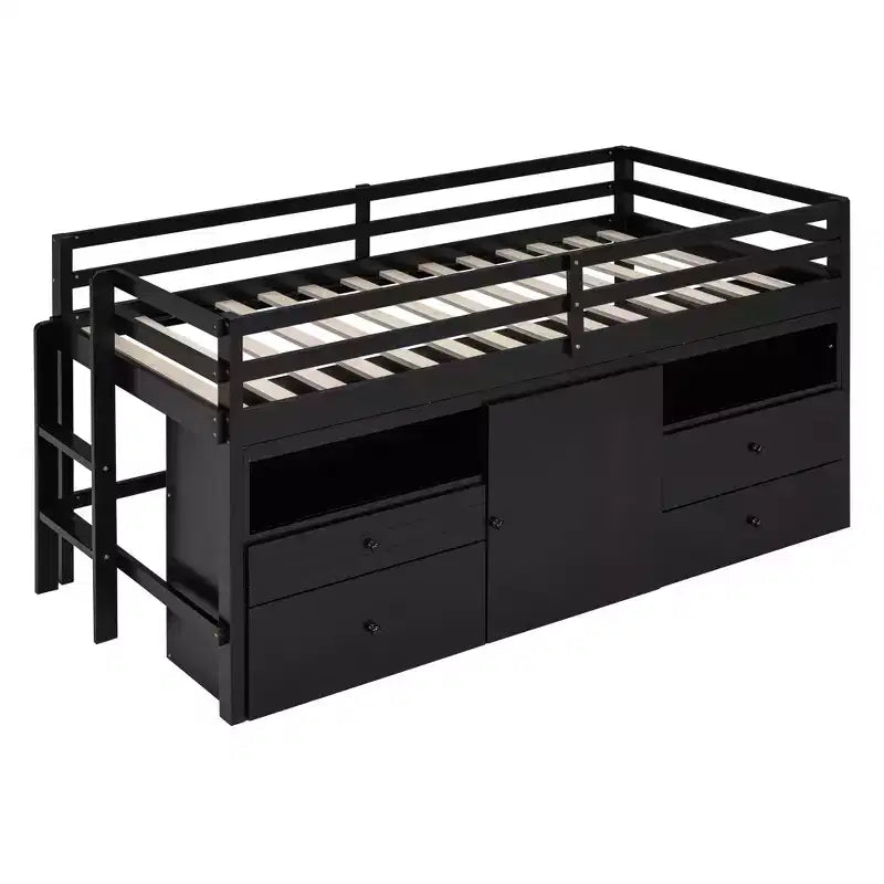 Lit mezzanine double de design moderne avec 4 tiroirs, armoire basse et étagères