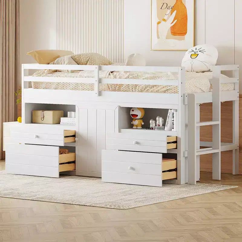 Lit mezzanine double de design moderne avec 4 tiroirs, armoire basse et étagères
