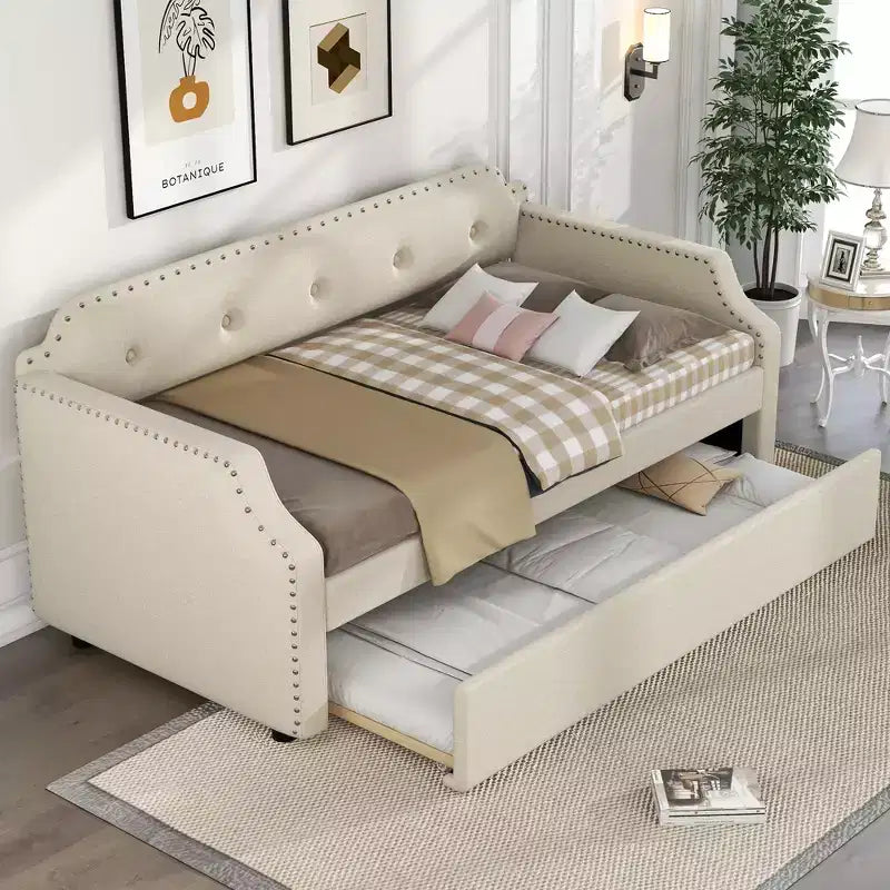 Whisen Twin Size Upholstered Daybed with Trundle, Wood Slat Support, Upholstered Frame Sofa Bed
