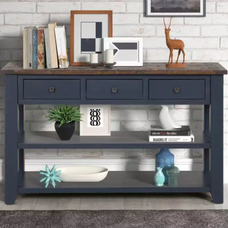 Robust Pine Wood Console Table, Contemporary Entry & Sofa-End Table with Three Drawers and Two Shelves, Simple Assembly