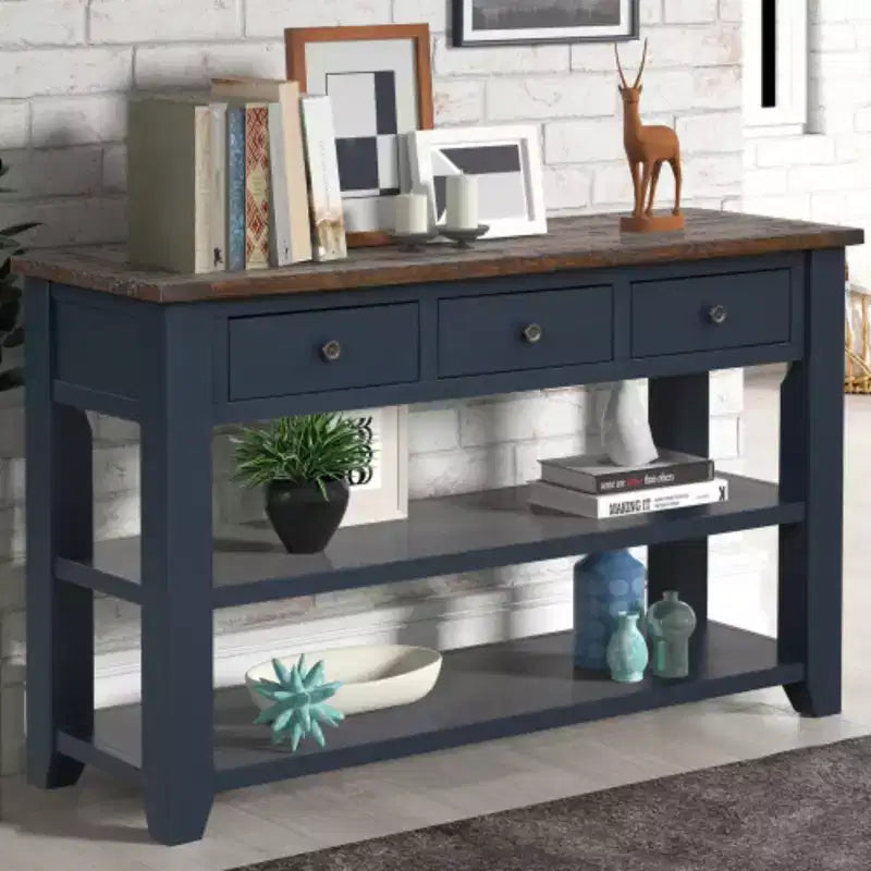 Console robuste en bois de pin, table d'entrée et d'appoint contemporaine avec trois tiroirs et deux étagères, montage simple