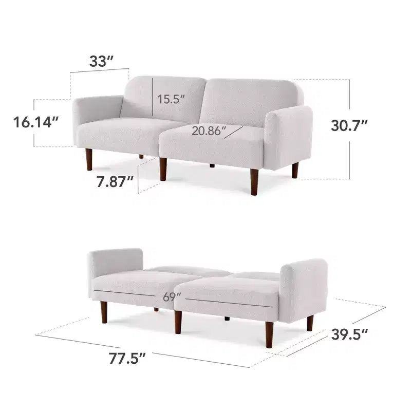 Canapé-lit futon incurvé convertible, tissu bouclette à dossier séparé