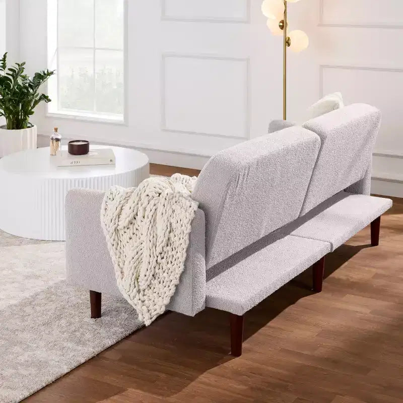 Canapé-lit futon incurvé convertible, tissu bouclette à dossier séparé