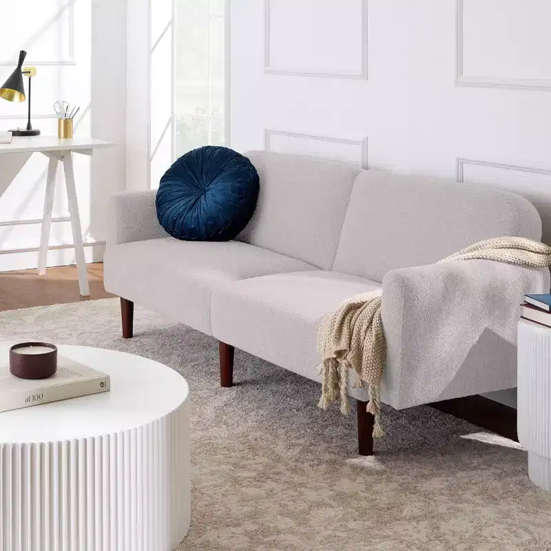 Canapé-lit futon incurvé convertible, tissu bouclette à dossier séparé
