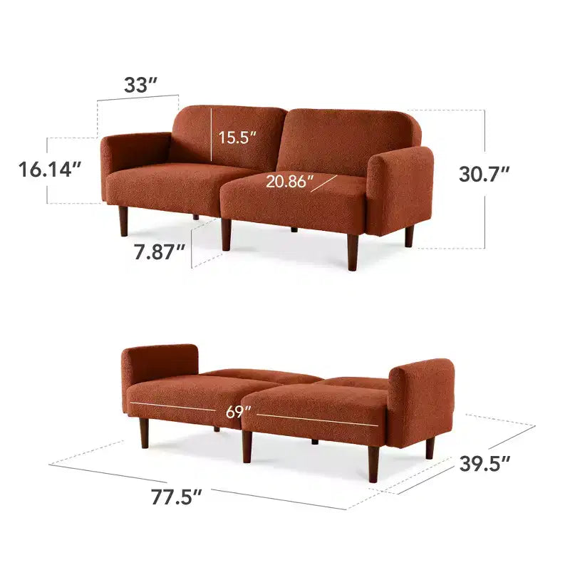 Canapé-lit futon incurvé convertible, tissu bouclette à dossier séparé
