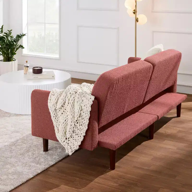 Canapé-lit futon incurvé convertible, tissu bouclette à dossier séparé