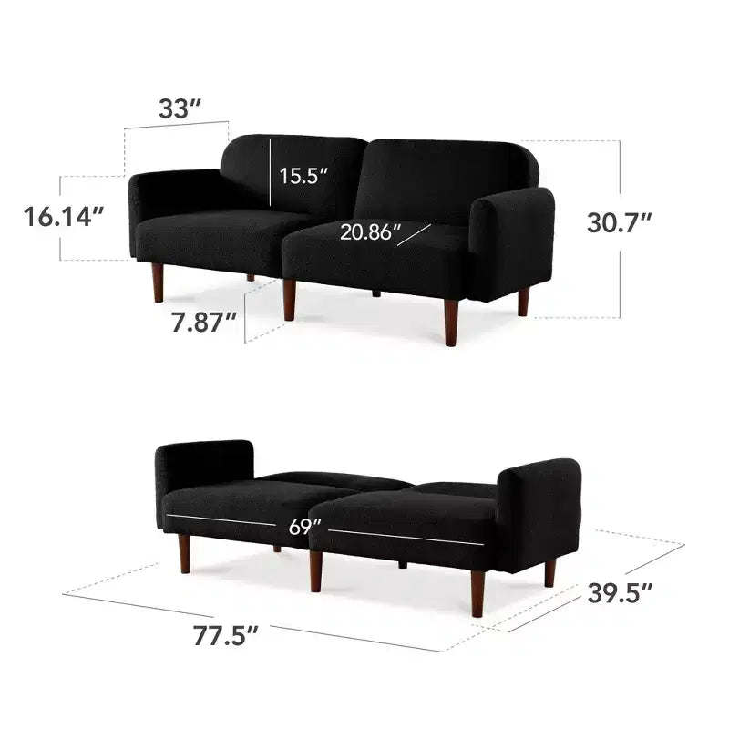 Canapé-lit futon incurvé convertible, tissu bouclette à dossier séparé