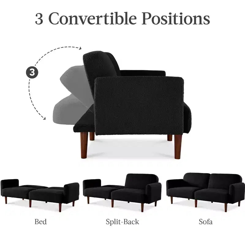 Canapé-lit futon incurvé convertible, tissu bouclette à dossier séparé