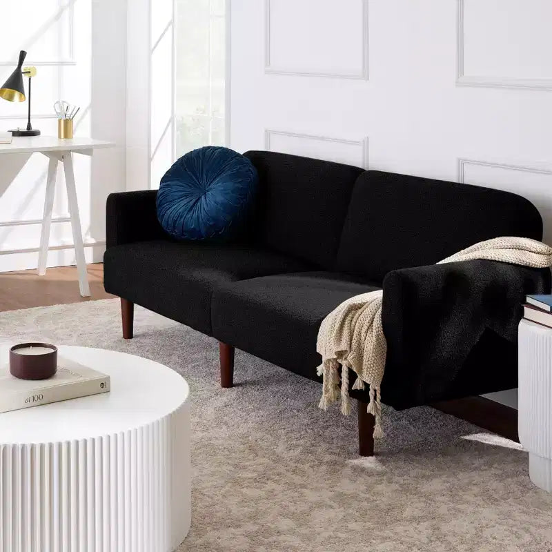 Canapé-lit futon incurvé convertible, tissu bouclette à dossier séparé