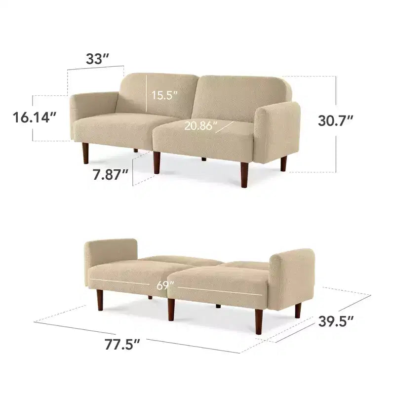 Canapé-lit futon incurvé convertible, tissu bouclette à dossier séparé