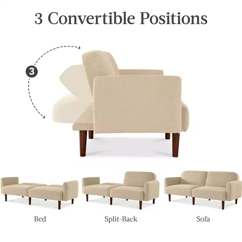 Canapé-lit futon incurvé convertible, tissu bouclette à dossier séparé