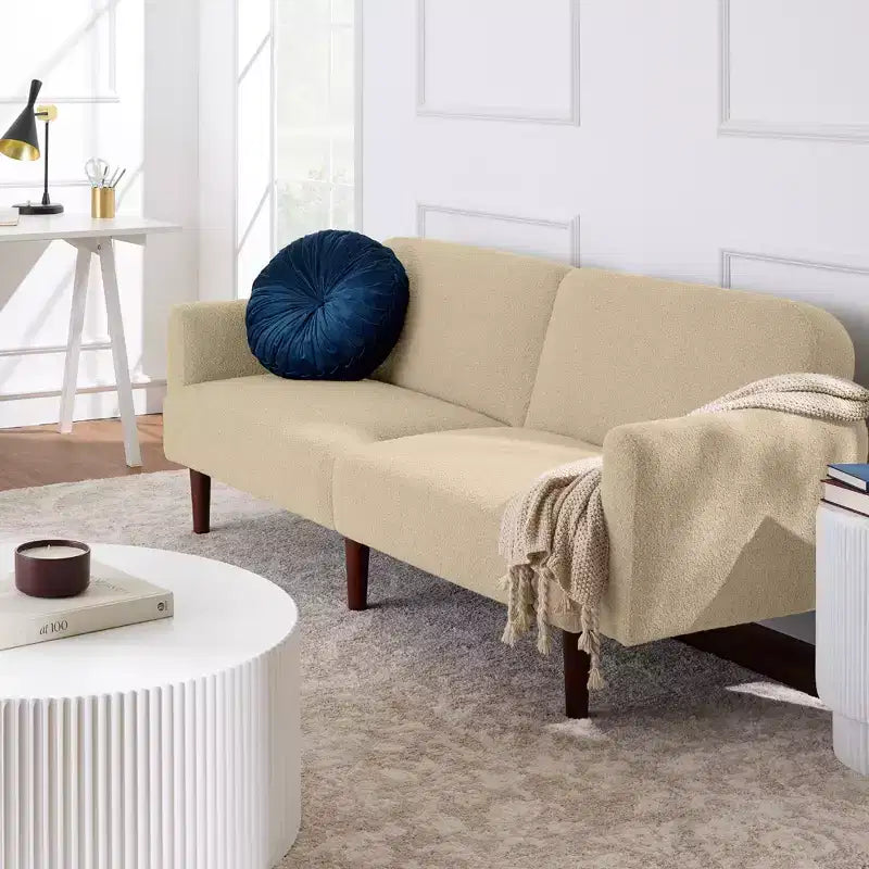 Canapé-lit futon incurvé convertible, tissu bouclette à dossier séparé