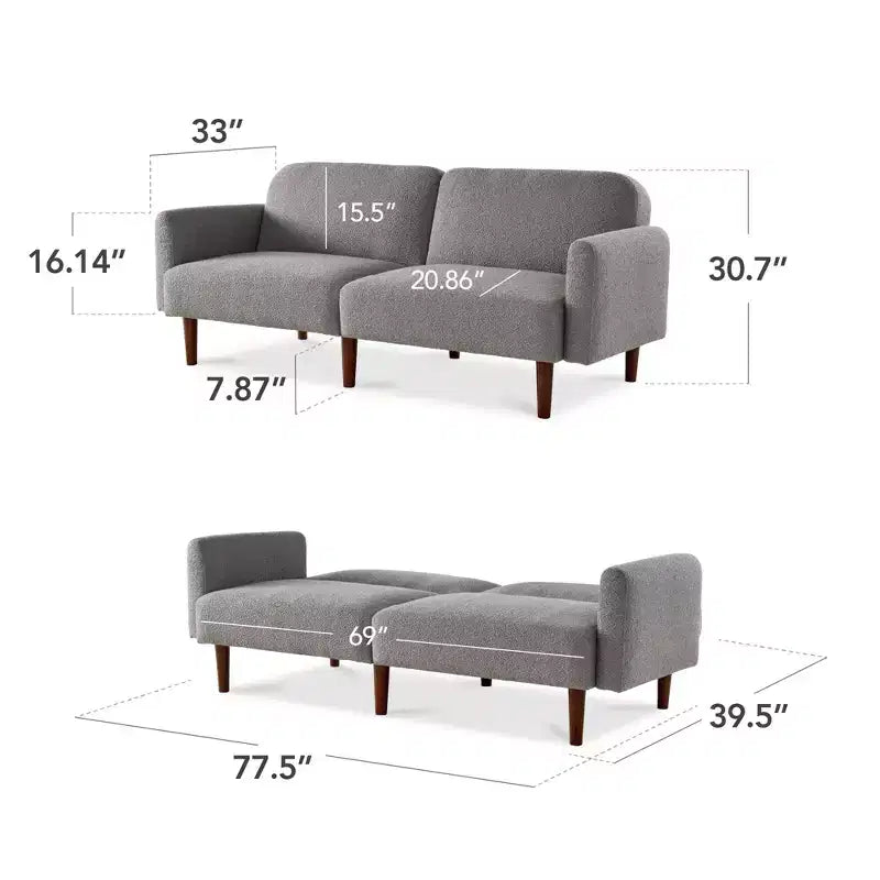Canapé-lit futon incurvé convertible, tissu bouclette à dossier séparé