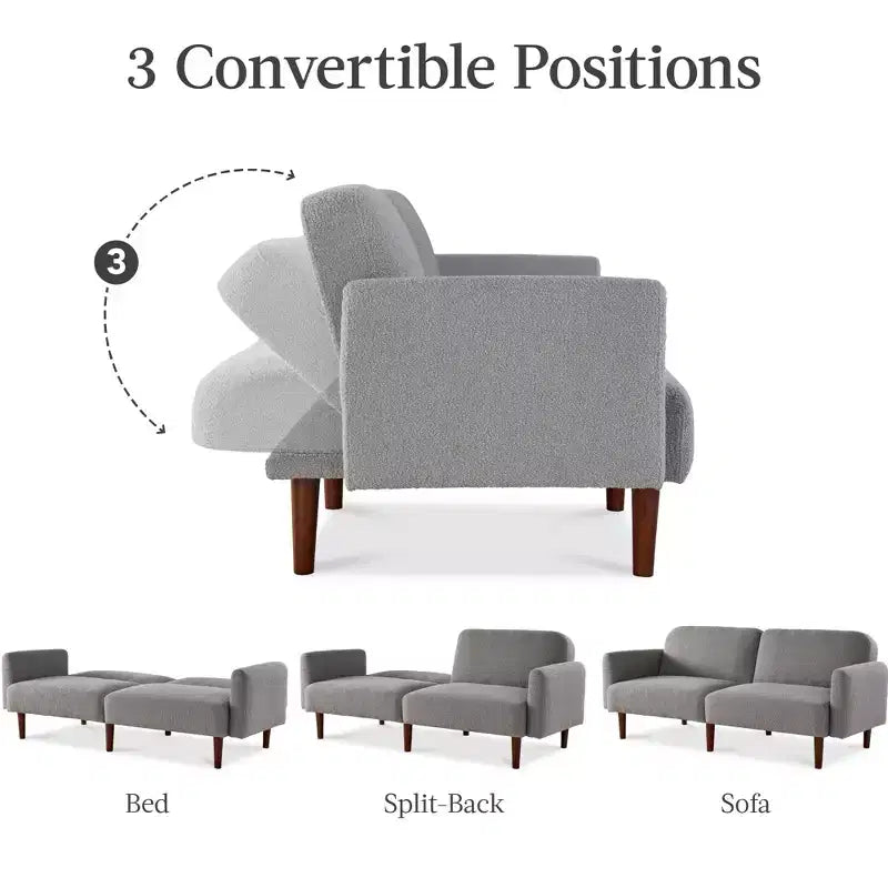 Canapé-lit futon incurvé convertible, tissu bouclette à dossier séparé