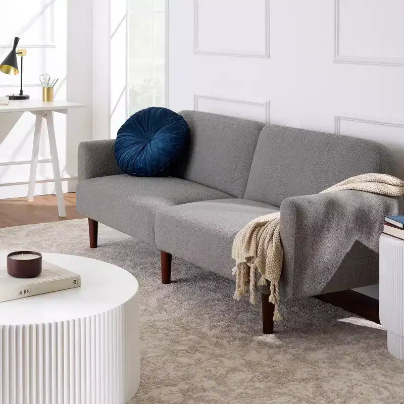 Canapé-lit futon incurvé convertible, tissu bouclette à dossier séparé