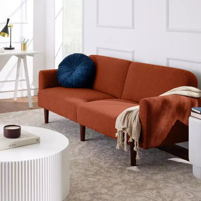 Canapé-lit futon incurvé convertible, tissu bouclette à dossier séparé