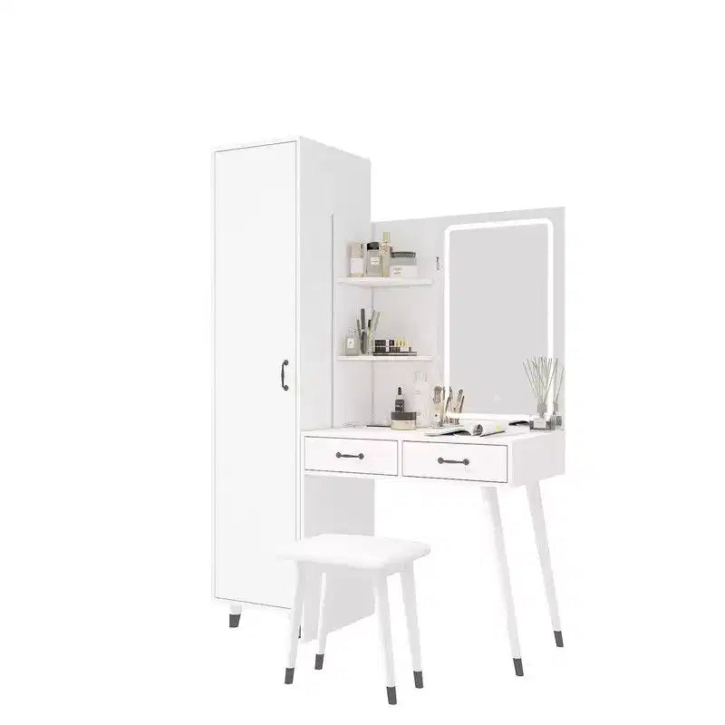 Ensemble coiffeuse blanche et armoire penderie étroite