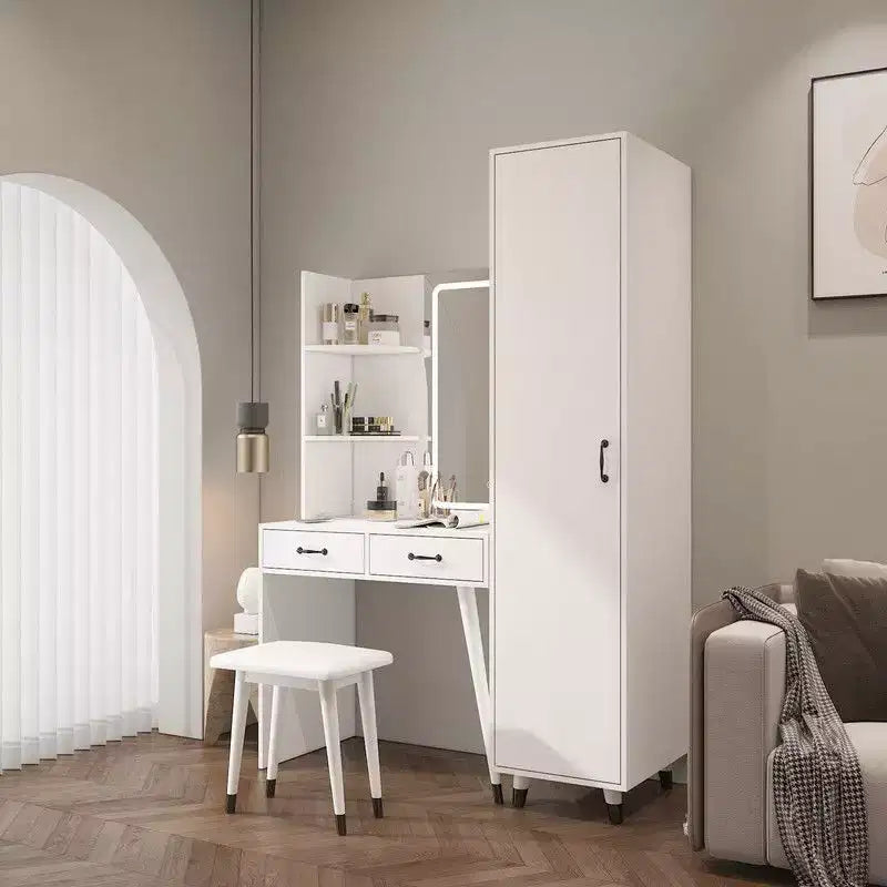 Ensemble coiffeuse blanche et armoire penderie étroite