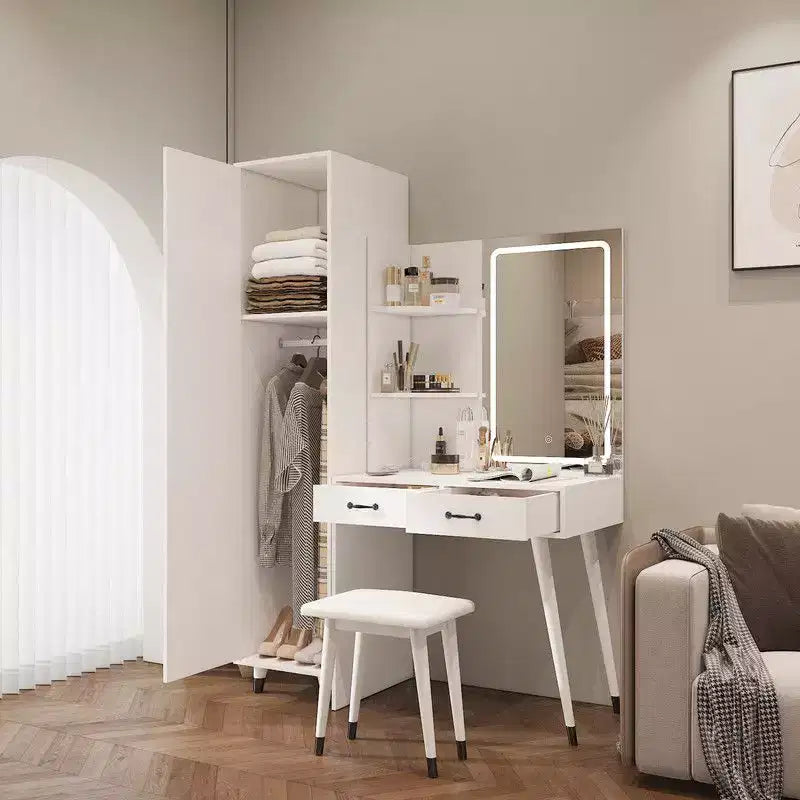 Ensemble coiffeuse blanche et armoire penderie étroite