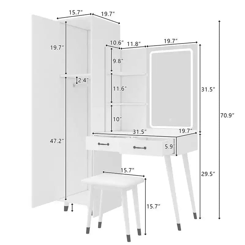 Ensemble coiffeuse blanche et armoire penderie étroite
