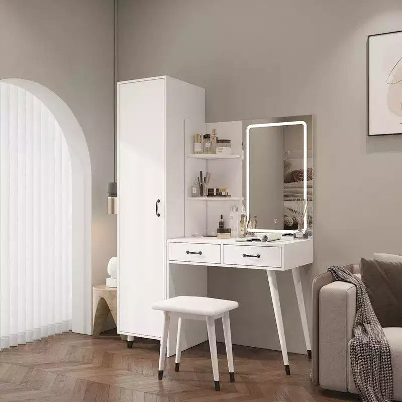 Ensemble coiffeuse blanche et armoire penderie étroite